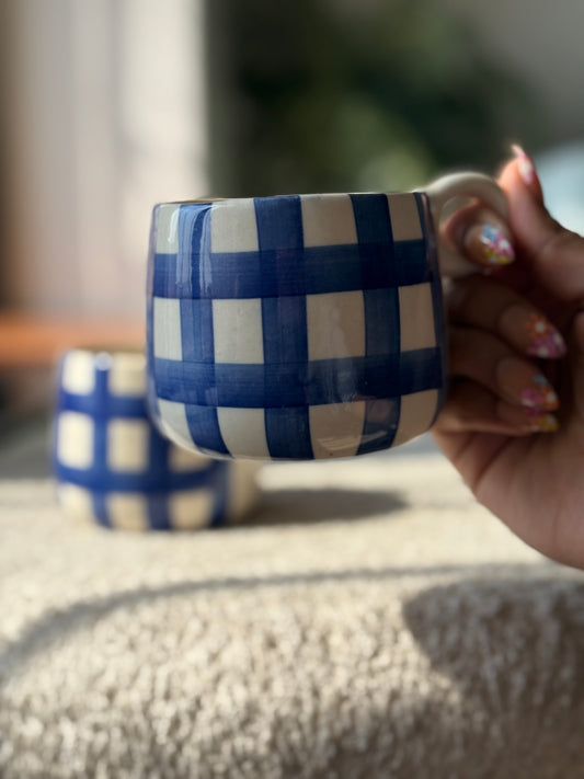 Blue Gingham Ceramic Mug – Bath & Body Works Inspired – Kawaii Checkered Coffee Cup