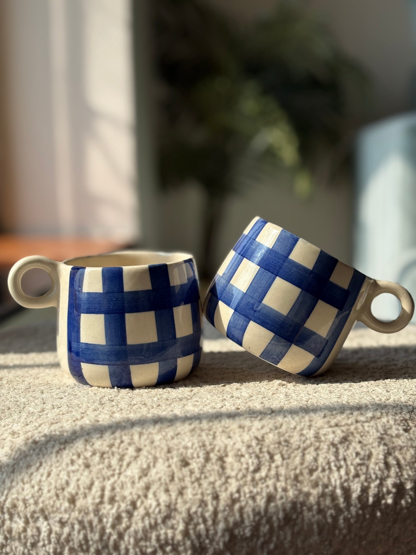 Blue Gingham Ceramic Mug – Bath & Body Works Inspired – Kawaii Checkered Coffee Cup