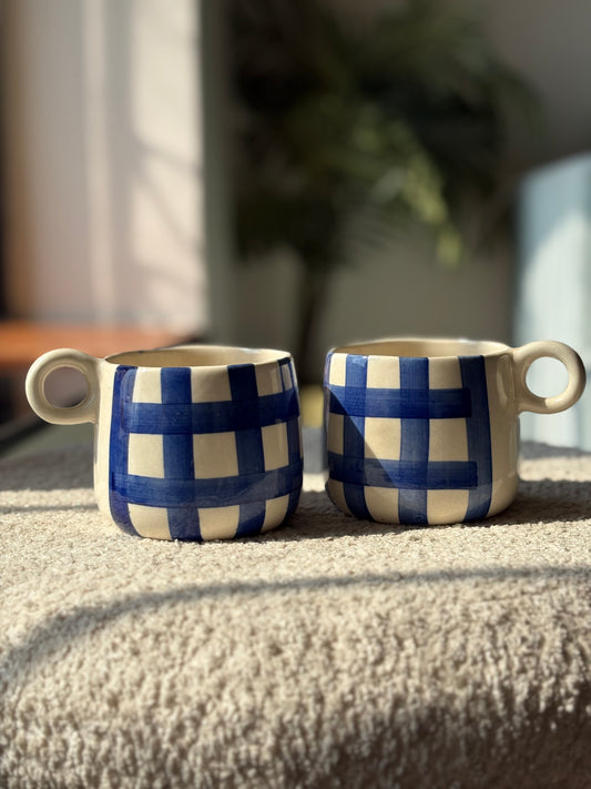 Blue Gingham Ceramic Mug – Bath & Body Works Inspired – Kawaii Checkered Coffee Cup