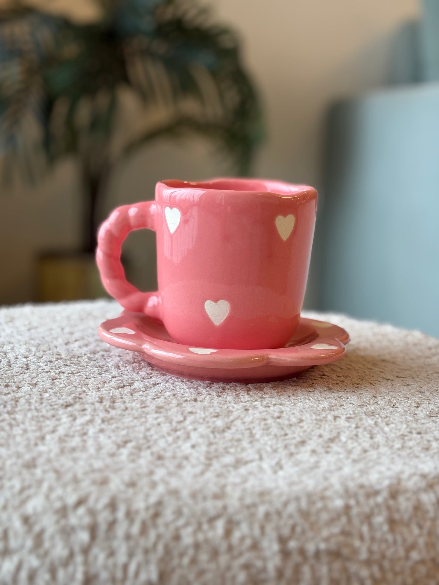 Sweetheart Sips Cup & Saucer Set – Pink with White Hearts