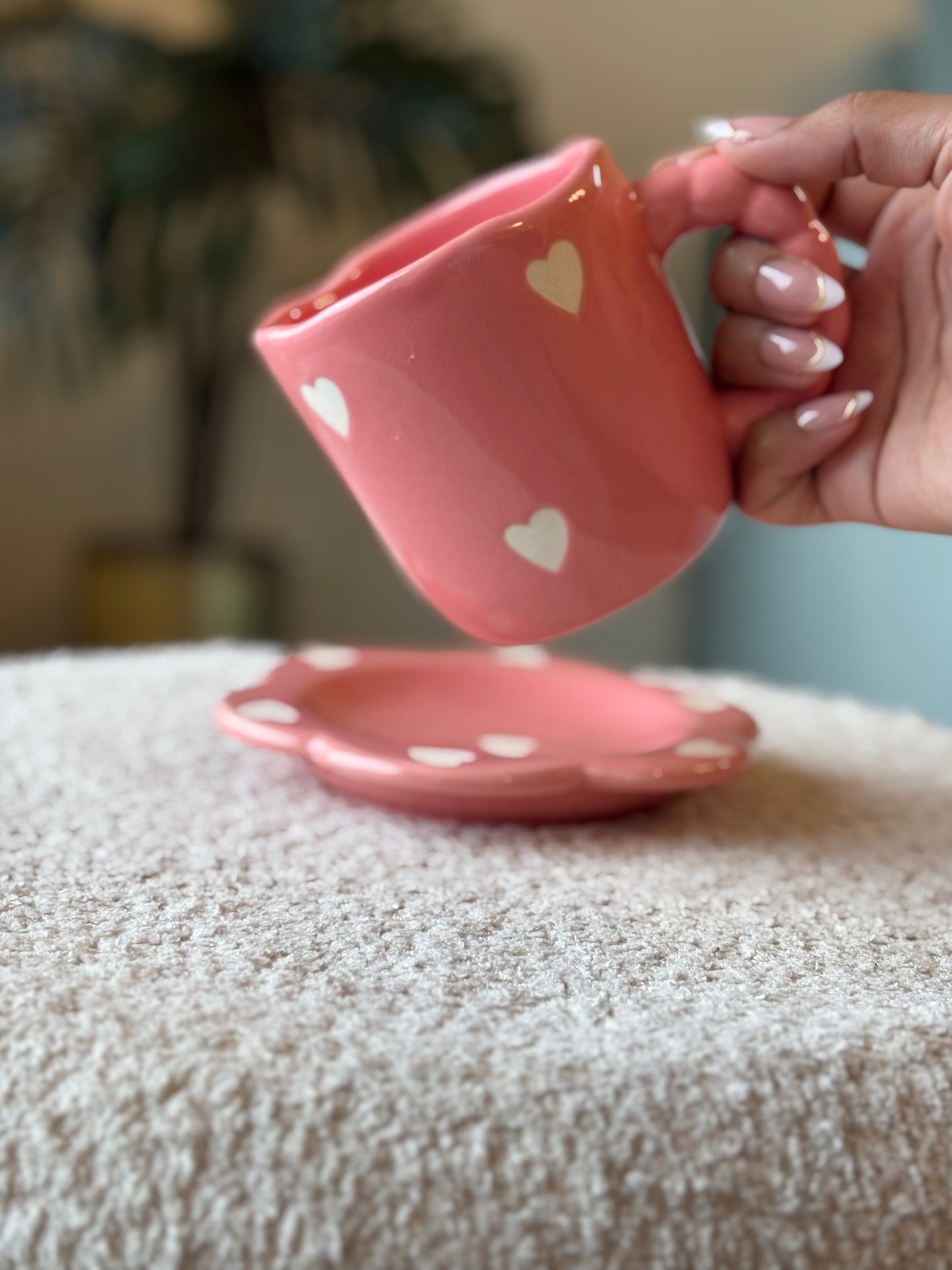 Sweetheart Sips Cup & Saucer Set – Pink with White Hearts