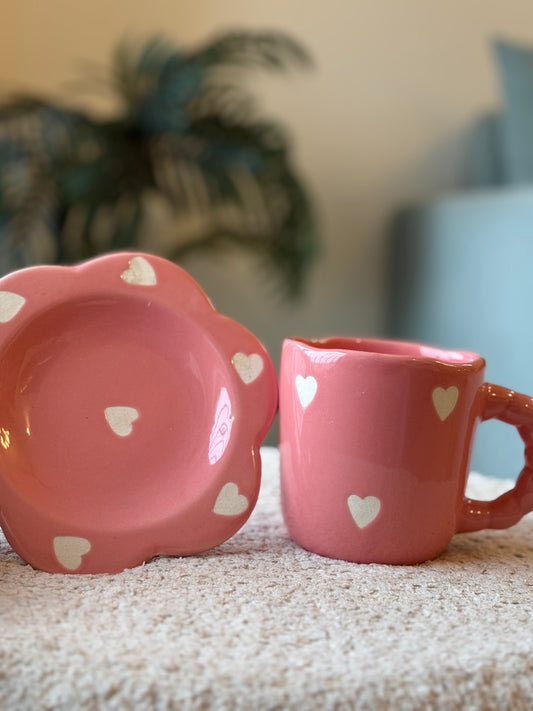 Sweetheart Sips Cup & Saucer Set – Pink with White Hearts