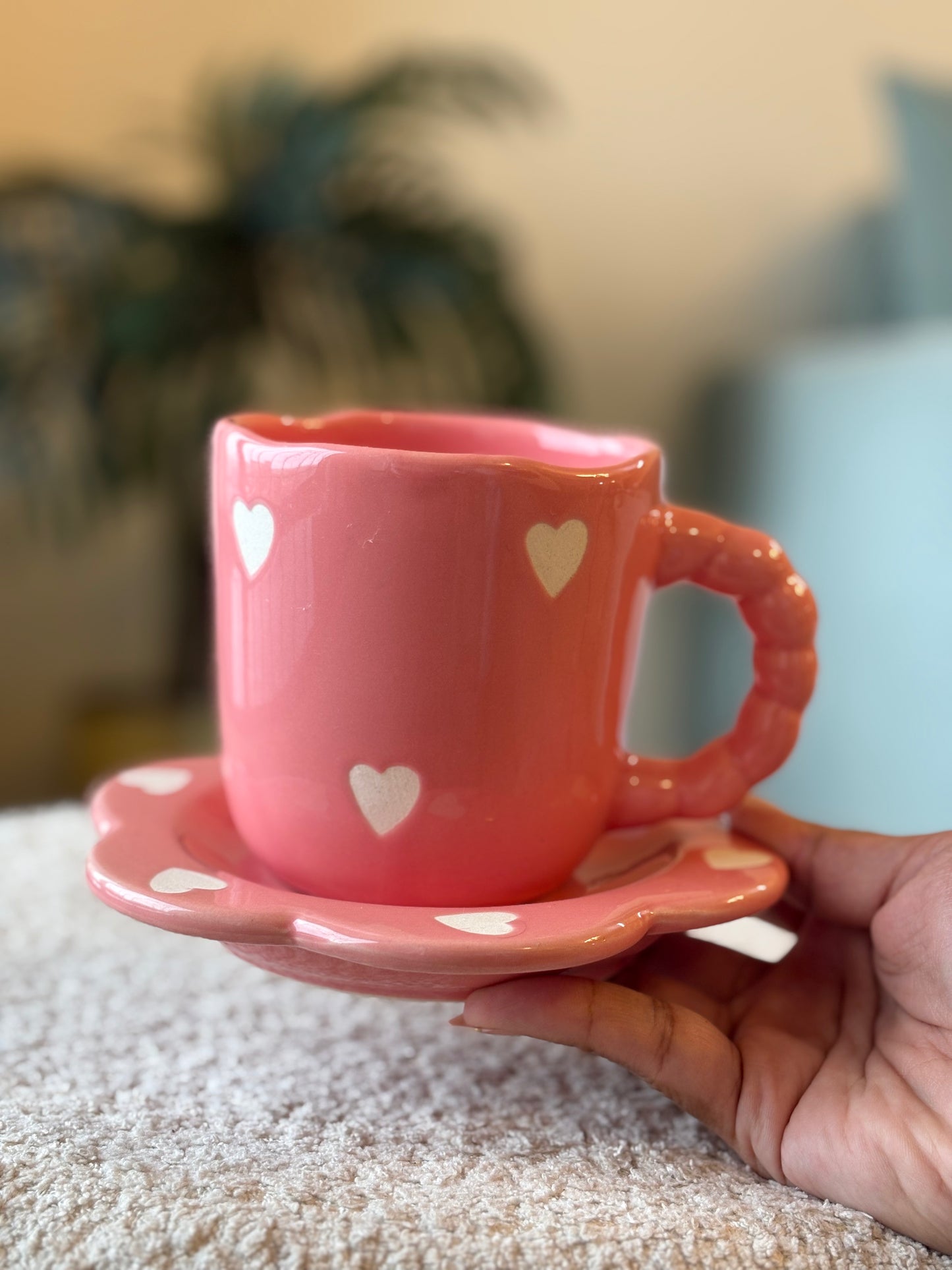 Sweetheart Sips Cup & Saucer Set – Pink with White Hearts