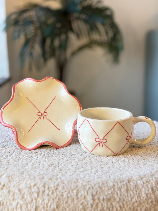 Cup of Bows Mug & Scalloped Saucer Set – White with Dainty Bow Design
