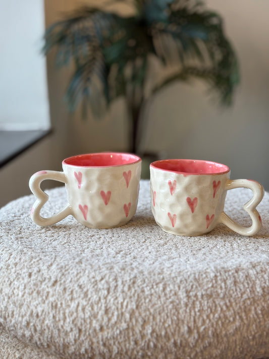 Heart Full of Love Ceramic Mug – White with Baby Pink Hearts & Heart Handle