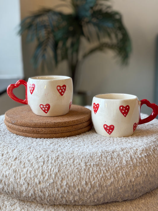 Love You Latte Ceramic Mug – White with Red Hearts & Heart Handle