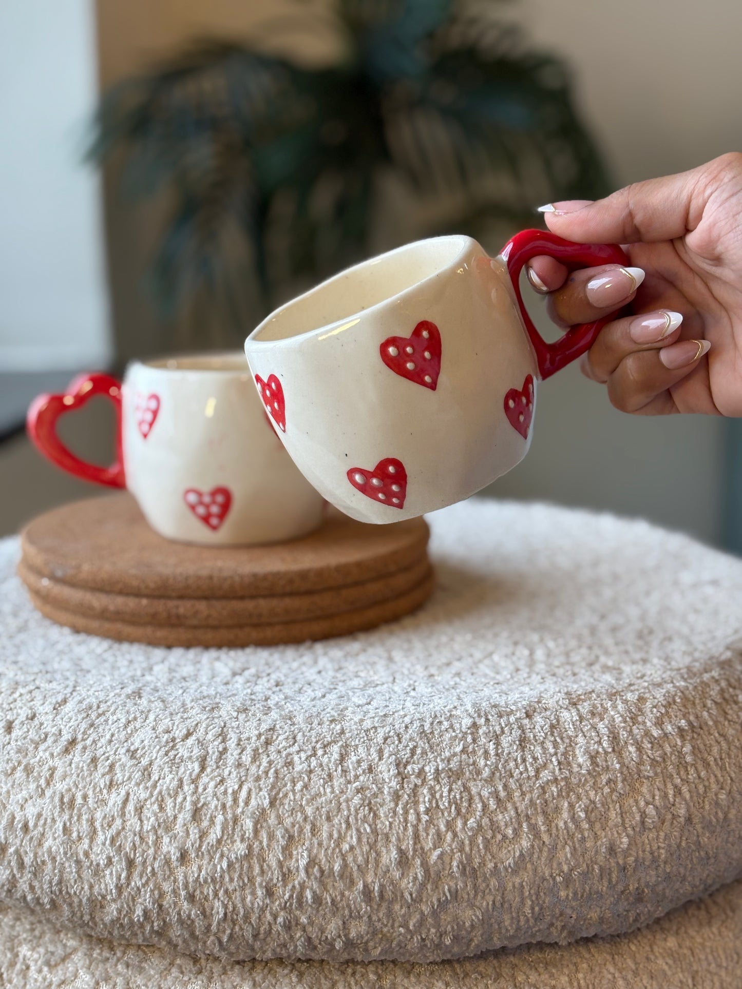 Love You Latte Ceramic Mug – White with Red Hearts & Heart Handle