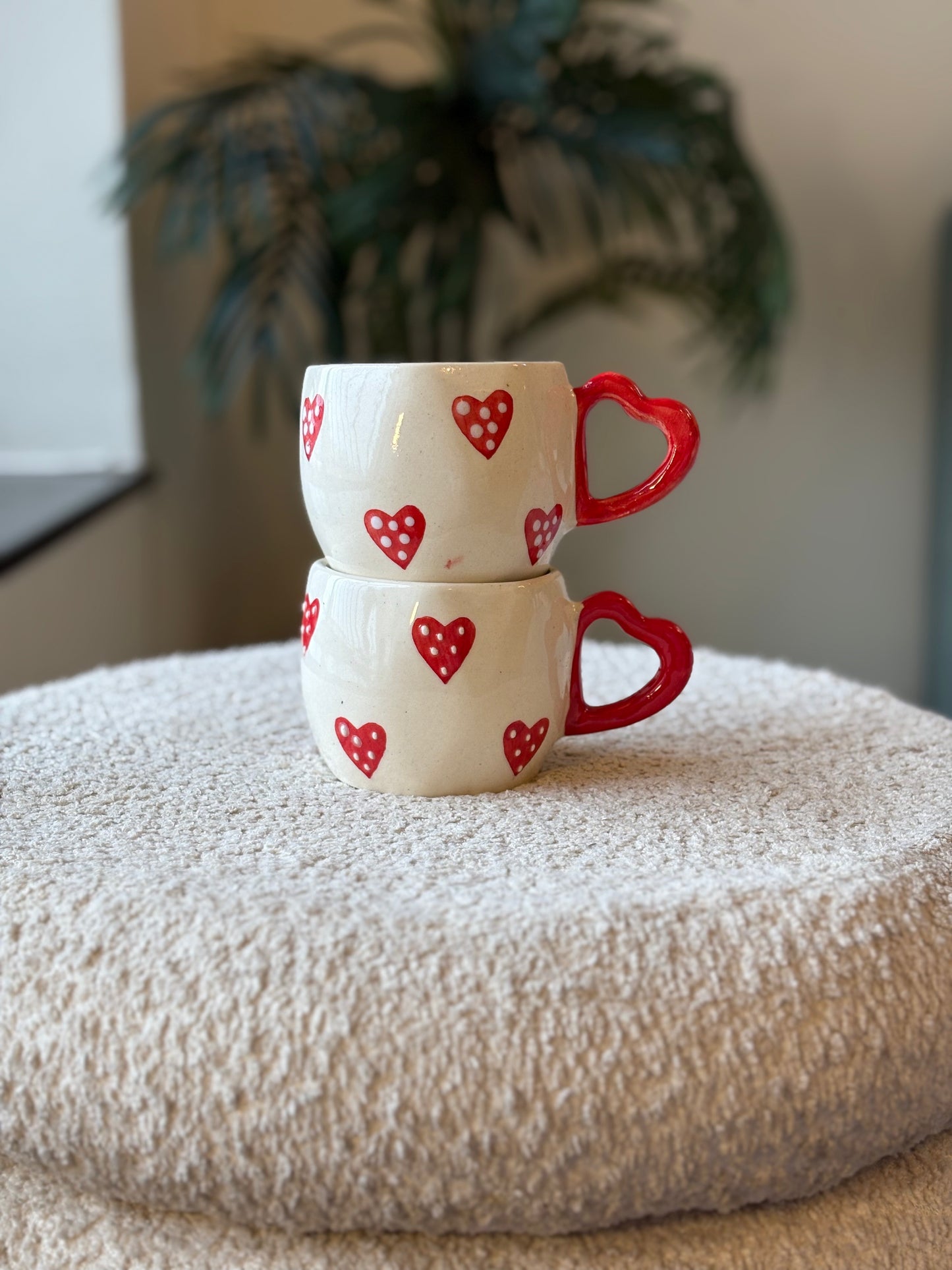 Love You Latte Ceramic Mug – White with Red Hearts & Heart Handle