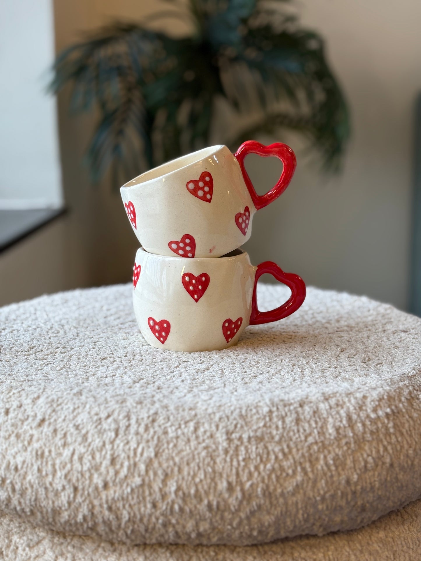 Love You Latte Ceramic Mug – White with Red Hearts & Heart Handle
