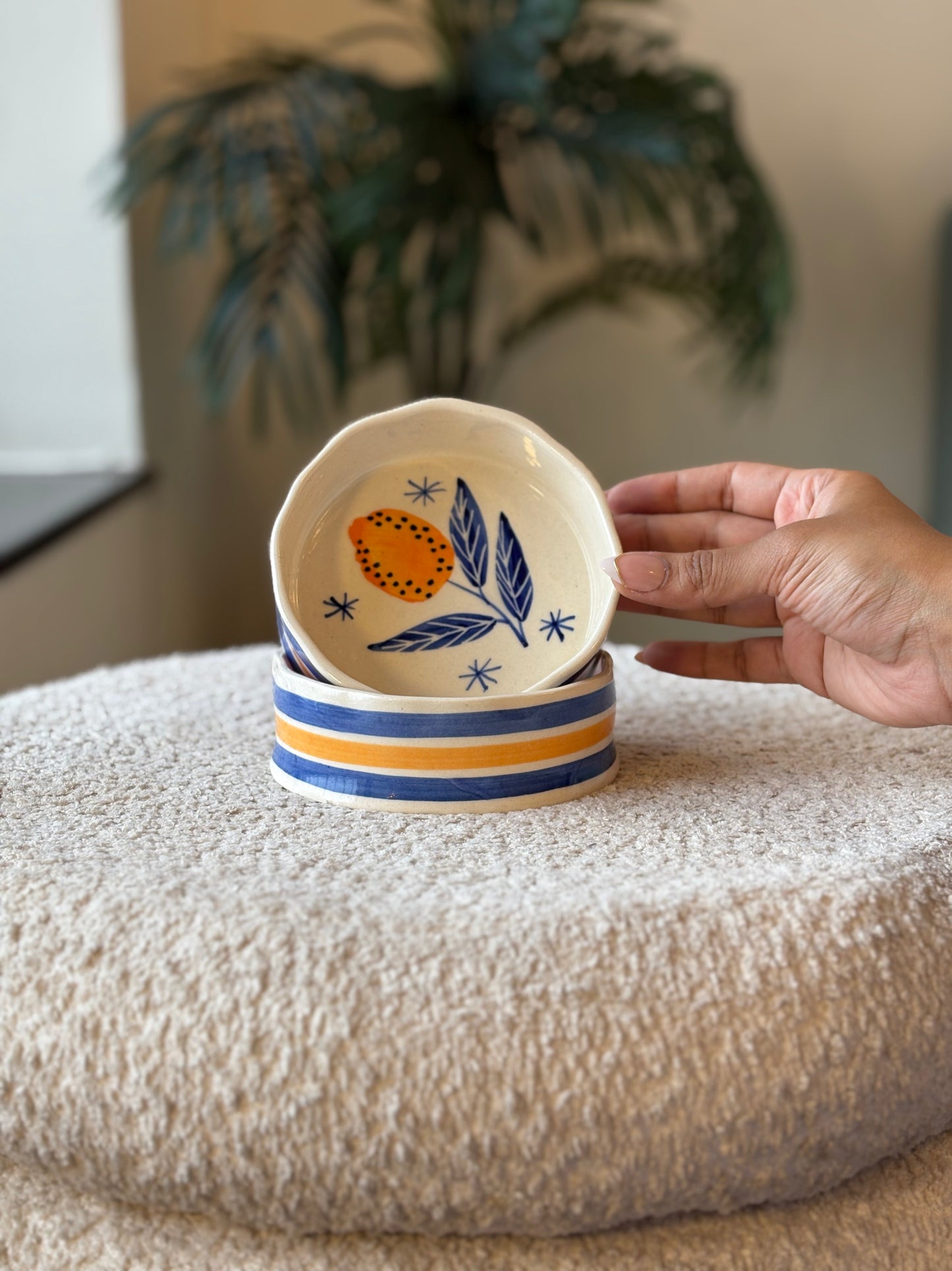 Zesty Mornings Snack Bowl – Lemon Print in Blue & Yellow