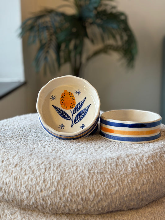 Sip & Snack Gift Set – 2 Lemon Snack Bowls + 2 Blue Gingham Mugs