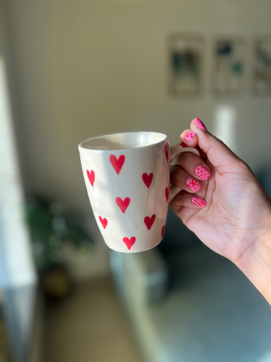 LoveBrew Tall Heart Mug – Hand-Painted Ceramic Cup with Tiny Hearts