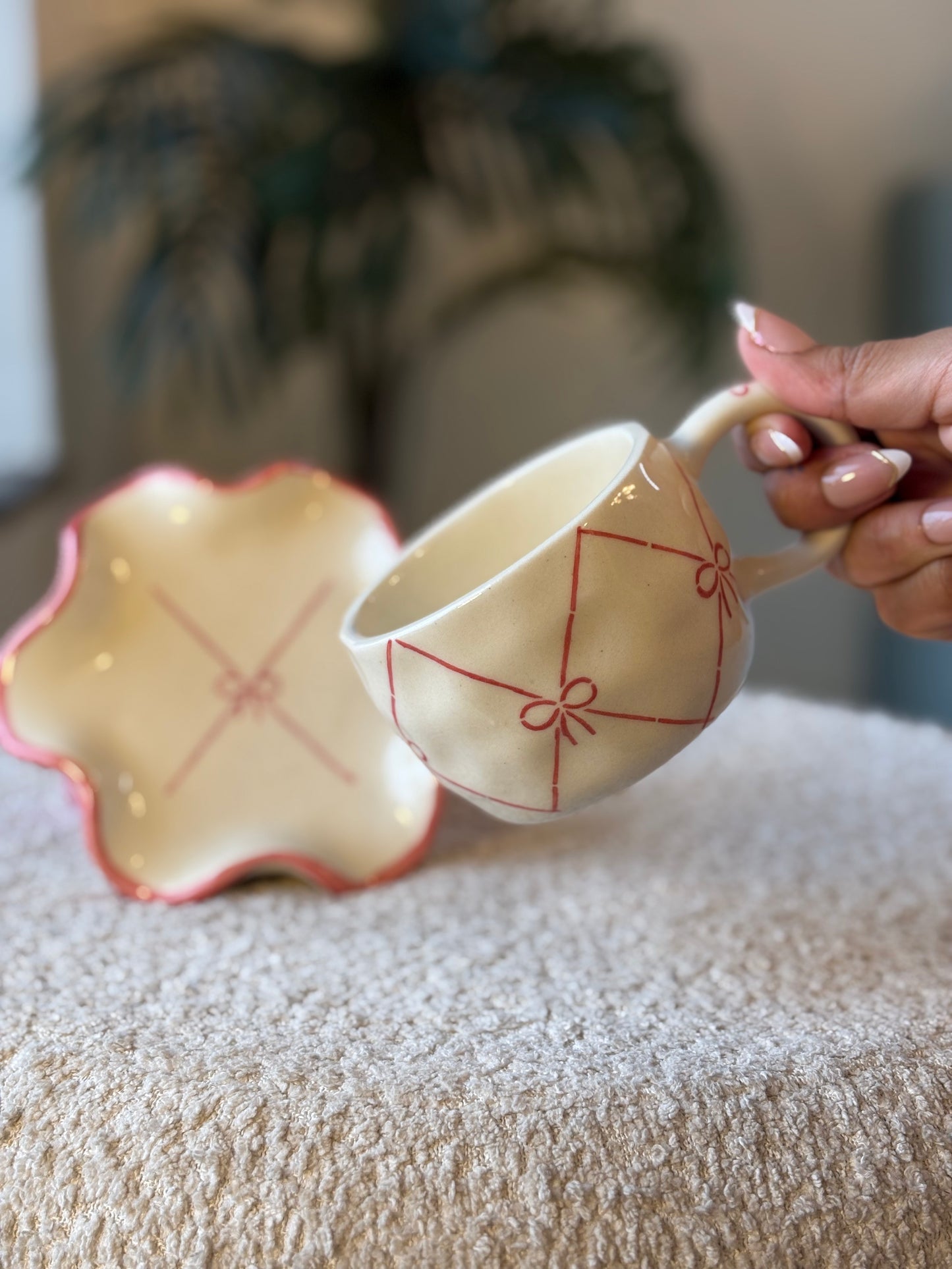 Cup of Bows Mug & Scalloped Saucer Set – White with Dainty Bow Design