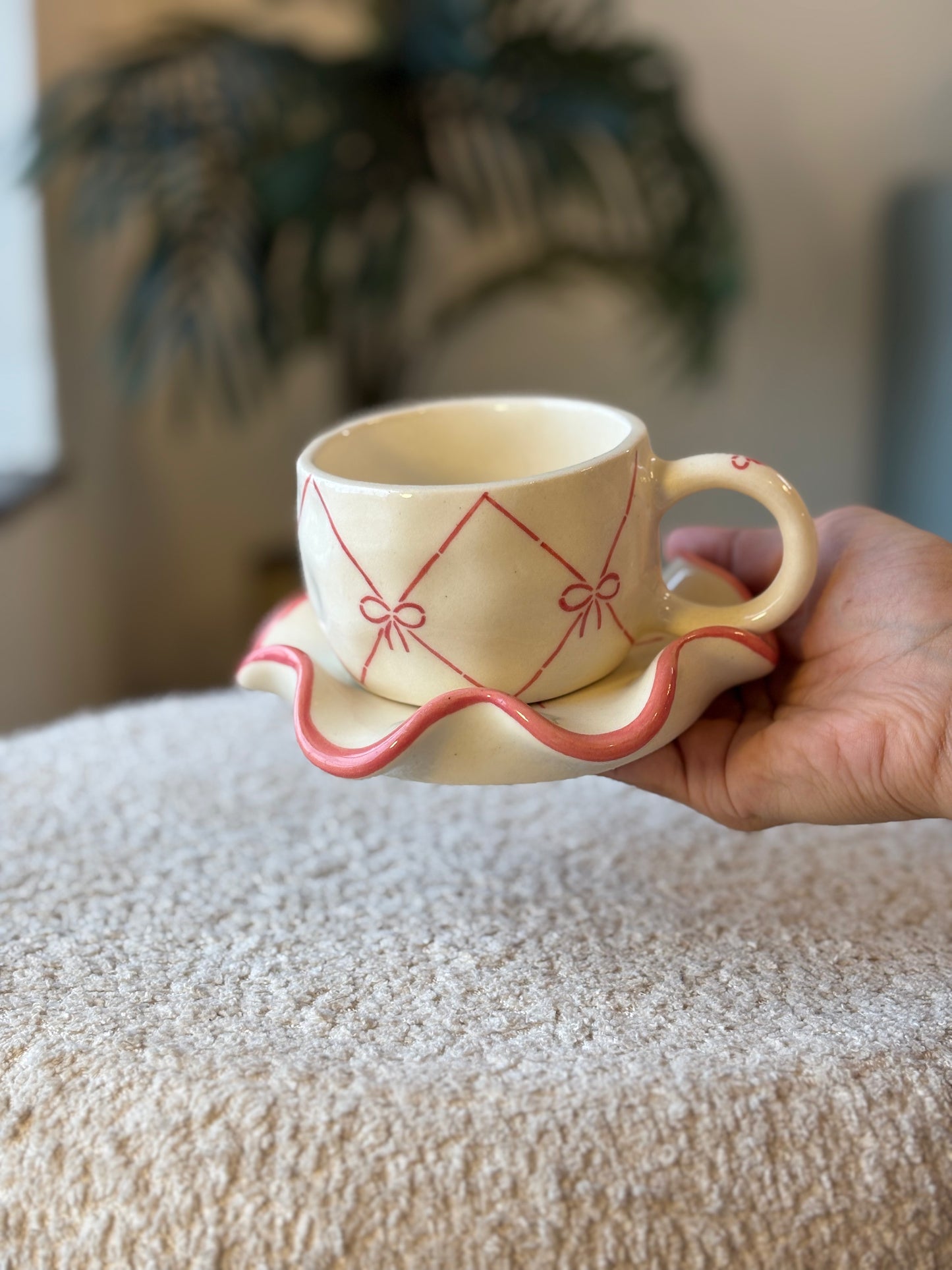 Cup of Bows Mug & Scalloped Saucer Set – White with Dainty Bow Design