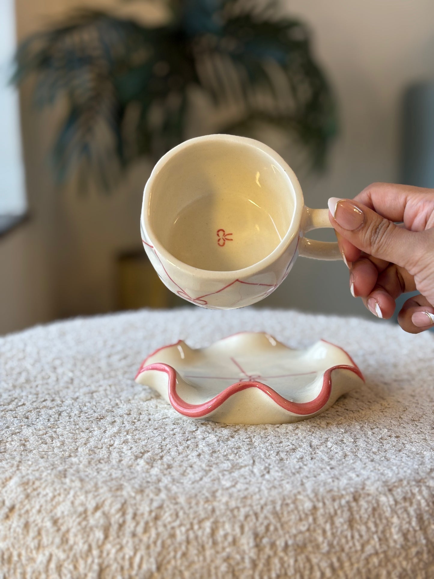 Cup of Bows Mug & Scalloped Saucer Set – White with Dainty Bow Design