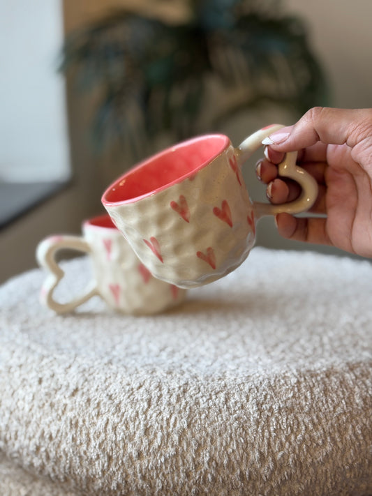 Heart Full of Love Ceramic Mug – White with Baby Pink Hearts & Heart Handle
