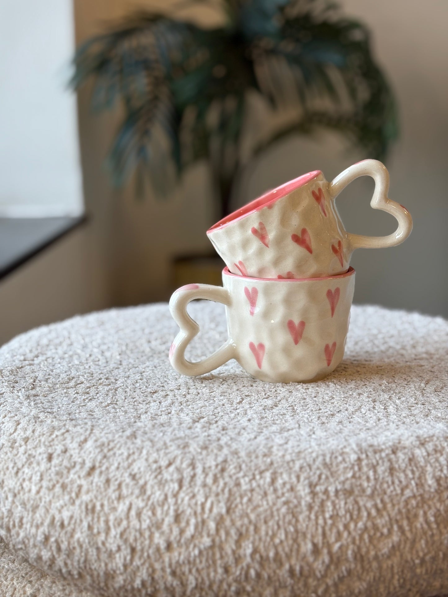 Heart Full of Love Ceramic Mug – White with Baby Pink Hearts & Heart Handle