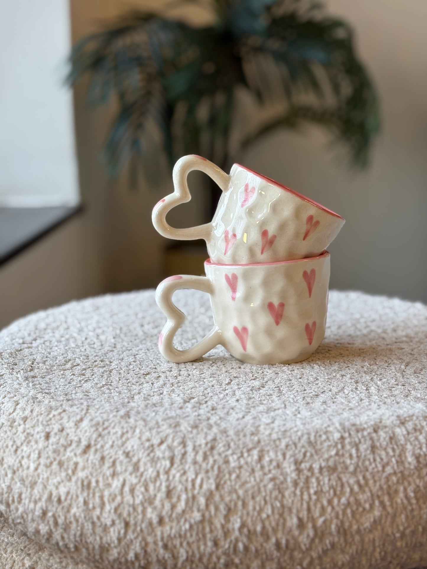 Heart Full of Love Ceramic Mug – White with Baby Pink Hearts & Heart Handle