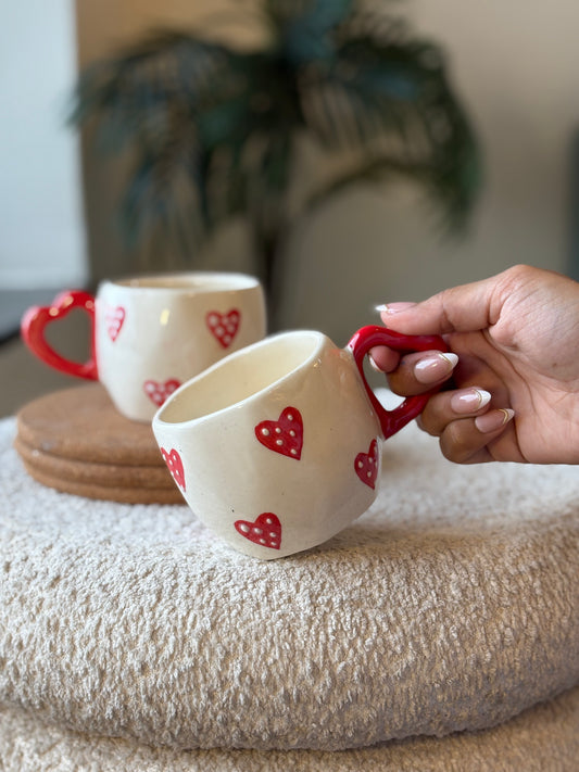 Love You Latte Ceramic Mug – White with Red Hearts & Heart Handle